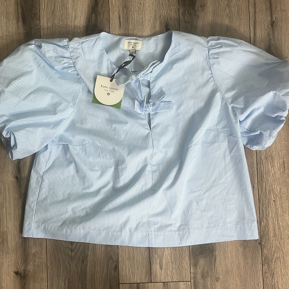 NWT Kate spade x Target blue and white puffy sleeve top with adorable bows sz. L
